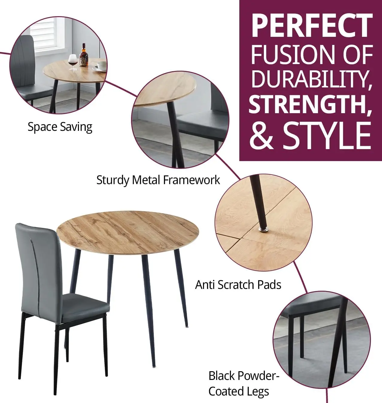 Furniture Cullompton Small Round Dining Table and Chairs Set 2, Wooden Dining Table with Oak Effect Top and Grey Faux