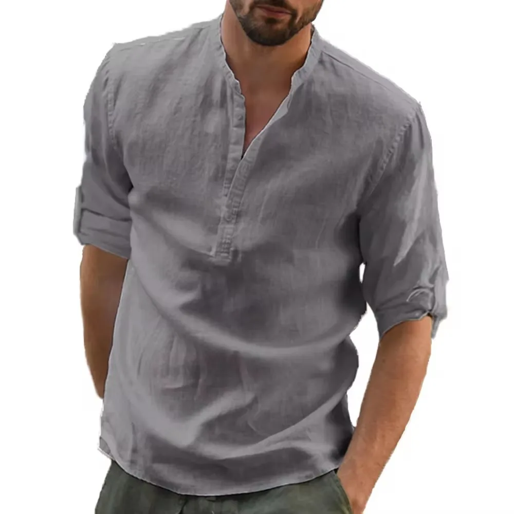 Camicie a maniche lunghe da uomo in cotone e lino vendita calda estate tinta unita colletto alla coreana Casual Beach Style Plus Size top uomo in lino