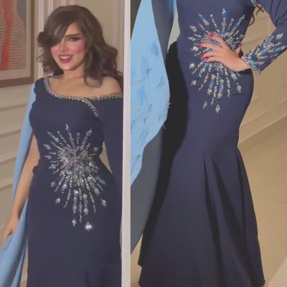 Personalizado requintado fora do ombro sereia varredura vestidos de noite strass cetim personalizado es