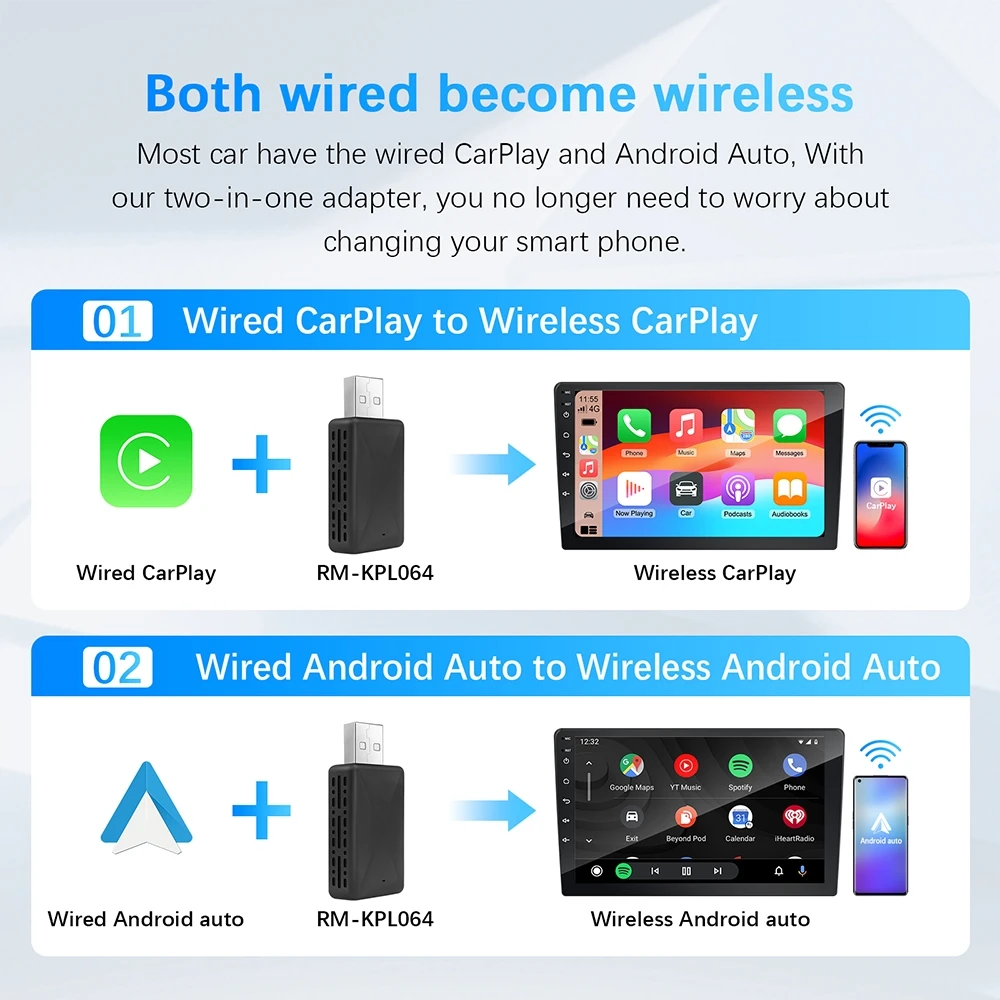 CarPlayอะแดปเตอร์ไร้สายAndroid Auto 2in 1 สมาร์ทDongle 2025 5G WIFIสําหรับiPhoneโทรศัพท์AndroidสําหรับVolvo Benz Mg Kia Chery VW