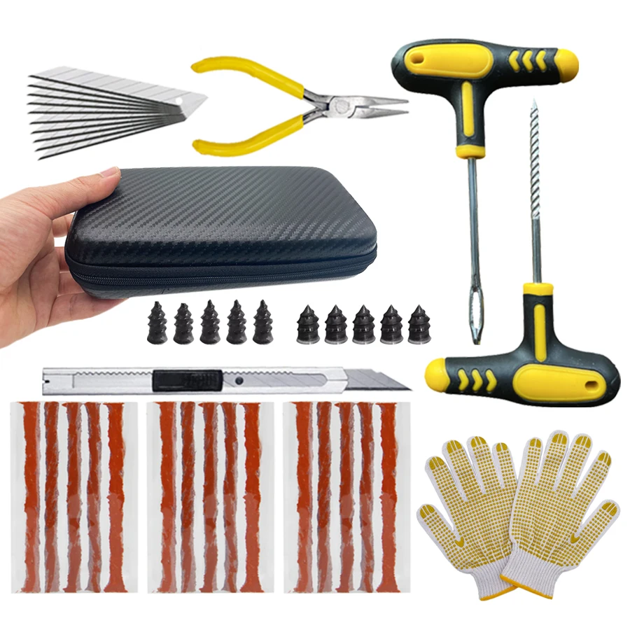 Kit de reparo de pneus de motocicleta, ferramentas de plugue de punção, emergência para tiras de pneus de carro, kit de ferramentas de reparo de cola de agitação