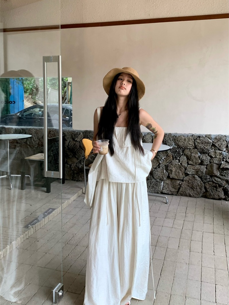 ルーズ女性のベストストラップ 2 点セット白カジュアルパンツドレープスカート夏のファッション衣装ポリエステル素材