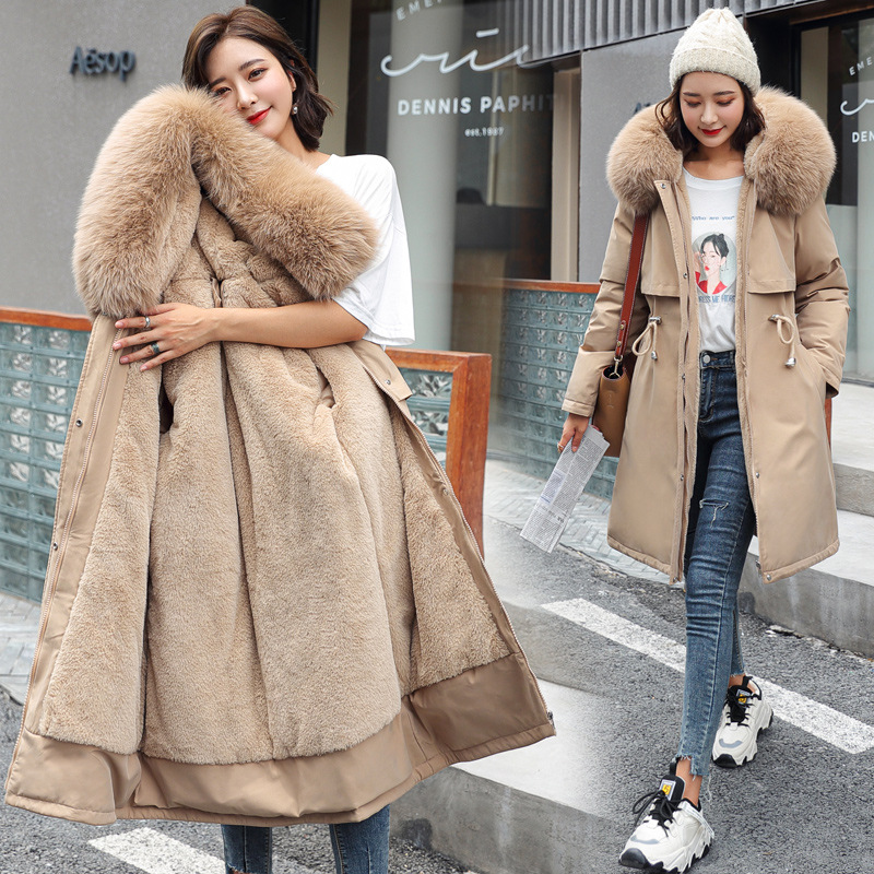 Casaco de lã acolchoado longo com capuz feminino, casaco de gola de pele, neve, roupas quentes, parka de inverno, 6XL, novo, 2022