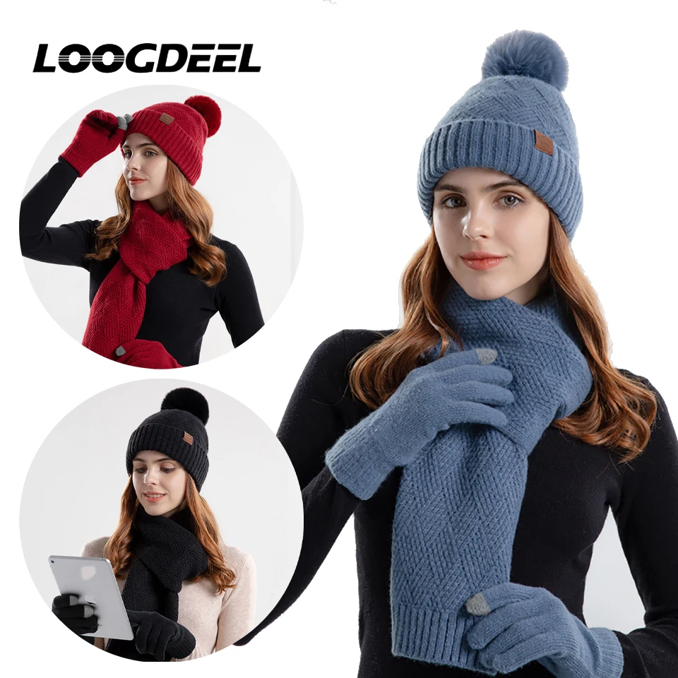 LOOGDEEL Dreiteiliges Set für den Winter, Damen, Gehörschutz, kältebeständig, Stirnband, Mütze, Wintermütze, Schal, Touchscreen-Handschuhe