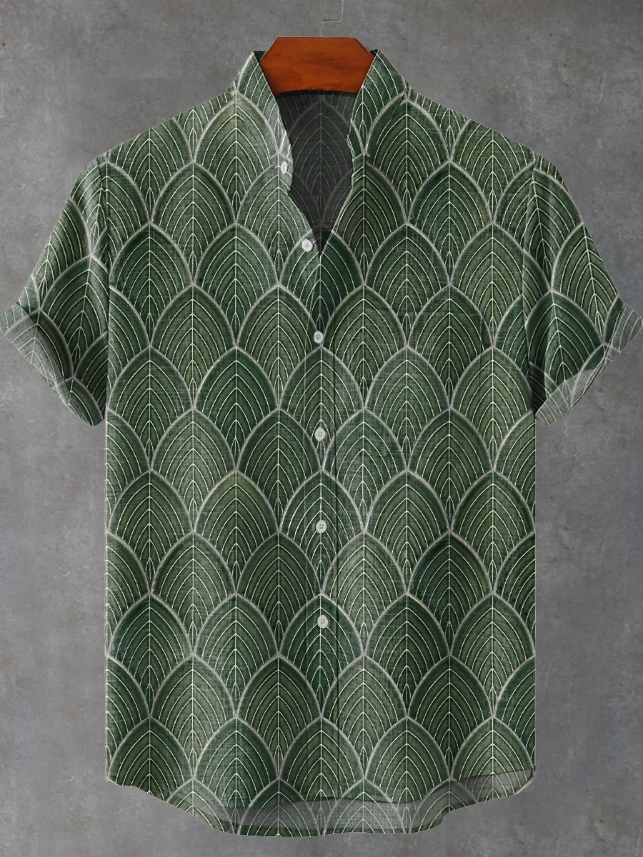 New men's artistic print, simple pattern, high-quality men's clothing, casual linen short-sleeved shirt, fast delivery