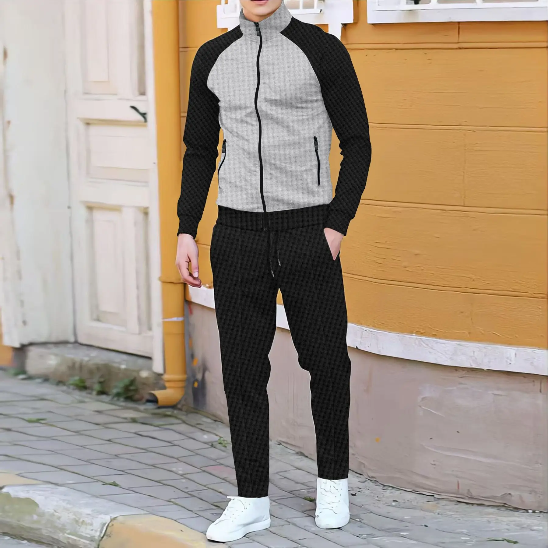 Traje informal de primavera y otoño para hombre, chaqueta de cuello alto con manga de rotador y pantalones, deportes informales al aire libre, contraste de color a la moda