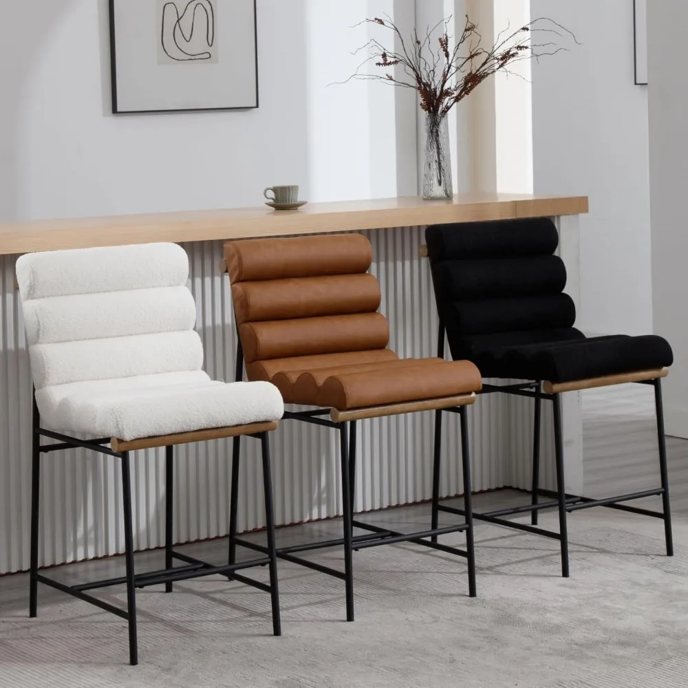 Pair of Modern Sherpa White Upholstered Counter Stools, 25 Seat Height with Tufted Back and Cushion for Comfort