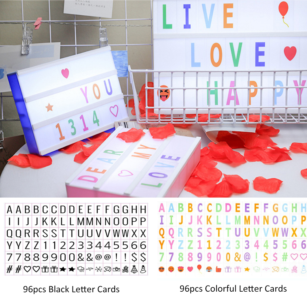 96 Stück bunte/schwarze Buchstaben-Zahlensymbol-DIY-Karten für A4 A5 A6 LED-Nachtlampenbox für Party-Dekorationskarte, Lampe nicht im Lieferumfang enthalten