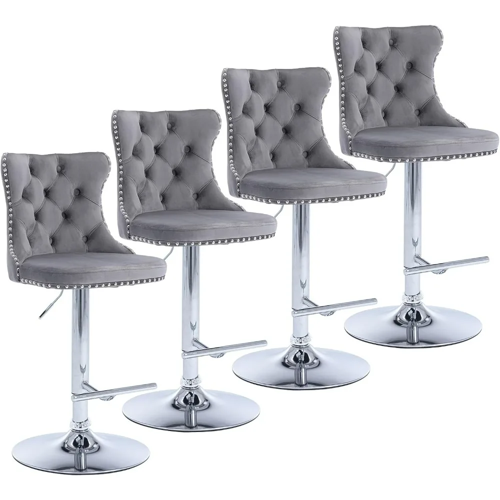 Swivel Bar Stools Set of 4, Barstools with Nailheads Trim, Button Tufted Back and Footrest, Velvet Upholstered Bar Chairs