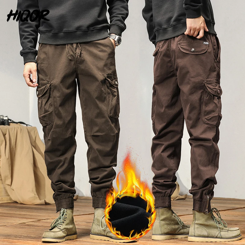 Hiqor 2024 novas calças de carga dos homens inverno homem y2k harem calças táticas para homens ao ar livre velo multi-bolsos algodão calças casuais