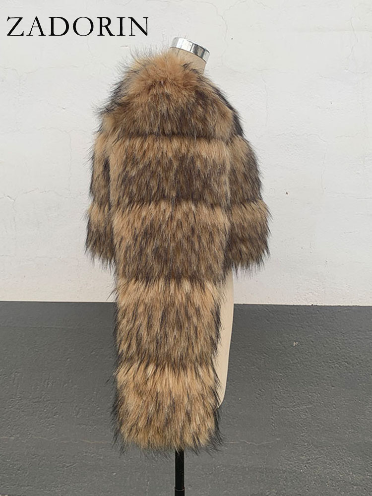 ZADORIN-Manteau court en fausse fourrure de raton laveur pour femme, col rond, manches longues, moelleux, veste courte en fausse fourrure, haut court, haute qualité, mode hivernale