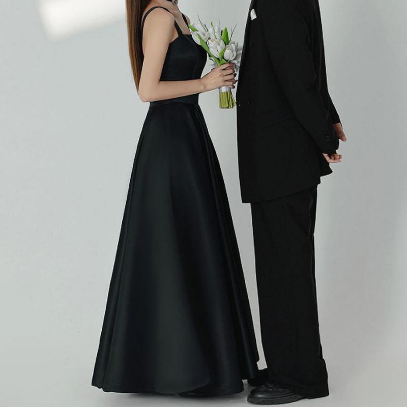 Robe de Mariée Trapèze en Satin Noir, Bretelles Spaghetti, Longueur au Sol, Simple et Élégante, Nouvelle Collection 2023