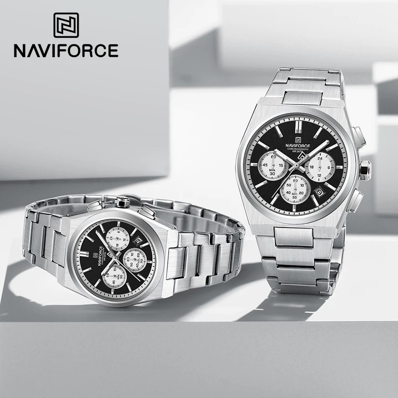 Naviforce tendência marca de aço inoxidável casal relógio quartzo data exibição cronógrafo para amantes à prova dwaterproof água moda selvagem relógio pulso