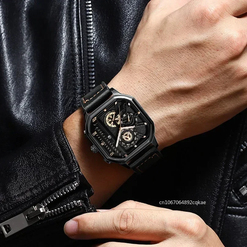 ผู้ชายนาฬิกาควอตซ์นาฬิกาธุรกิจผู้ชายนาฬิกาสายหนัง PU Big Dial Square กีฬานาฬิกา Cool นาฬิกาข้อมือสีดําสําหรับ Man