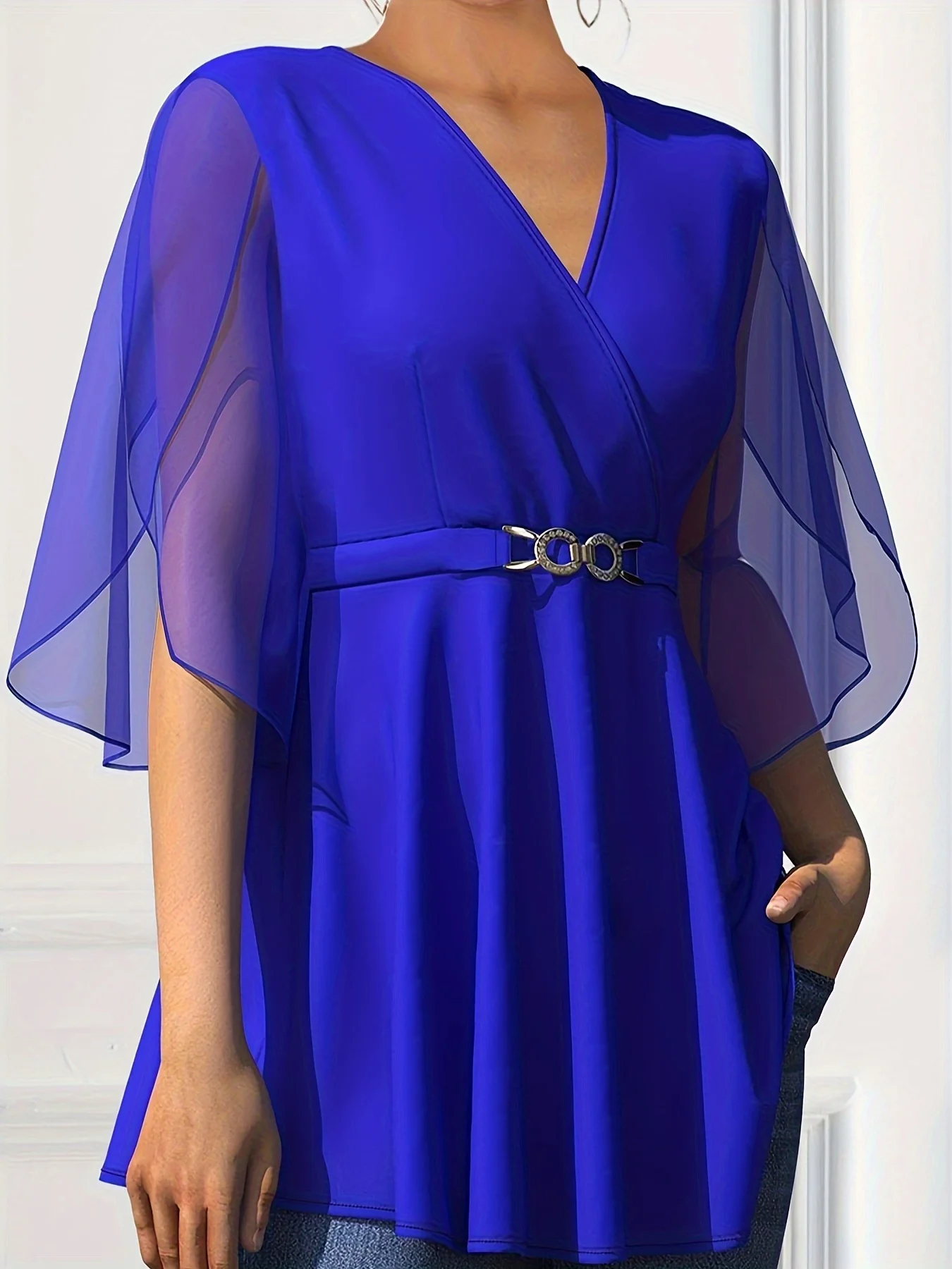 Frauen Chiffon T-shirt Halbe Hülse Split V-ausschnitt mit Gürtel Geraffte Casual Vintage Solide Blau Sommer Neue Mode T Top 2024