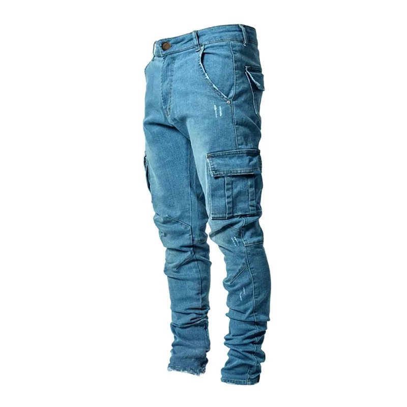 Herbst Winter Neue männer Kleidung Einfarbig Stretch Multi-Tasche Dünne Hosen Schlank Abnehmen Denim Cargo Hosen Jeans
