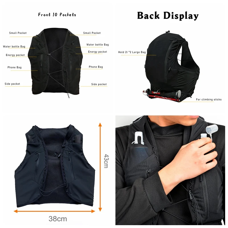 (S-2XL)Mochila para correr de montaña, bolsa de chaleco de hidratación ultraligera de 10L para senderismo al aire libre, senderismo, ciclismo, maratón