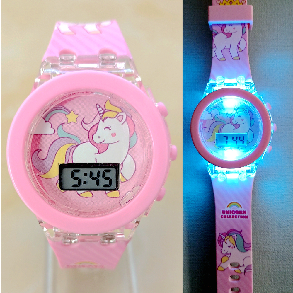 Disney-relojes de unicornio para niños, cronógrafo Digital electrónico con Flash, luz que brilla, colorido, LED, regalos de cumpleaños