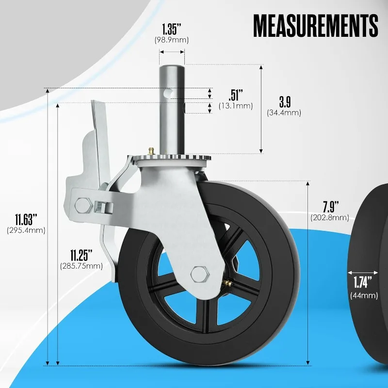 Scaffolding Wheels, Scaffold Wheels, 8 Inch, 4400 LB. Capacity, Set of 4, Double Locking Brakes, Grease Fittings, Swivel