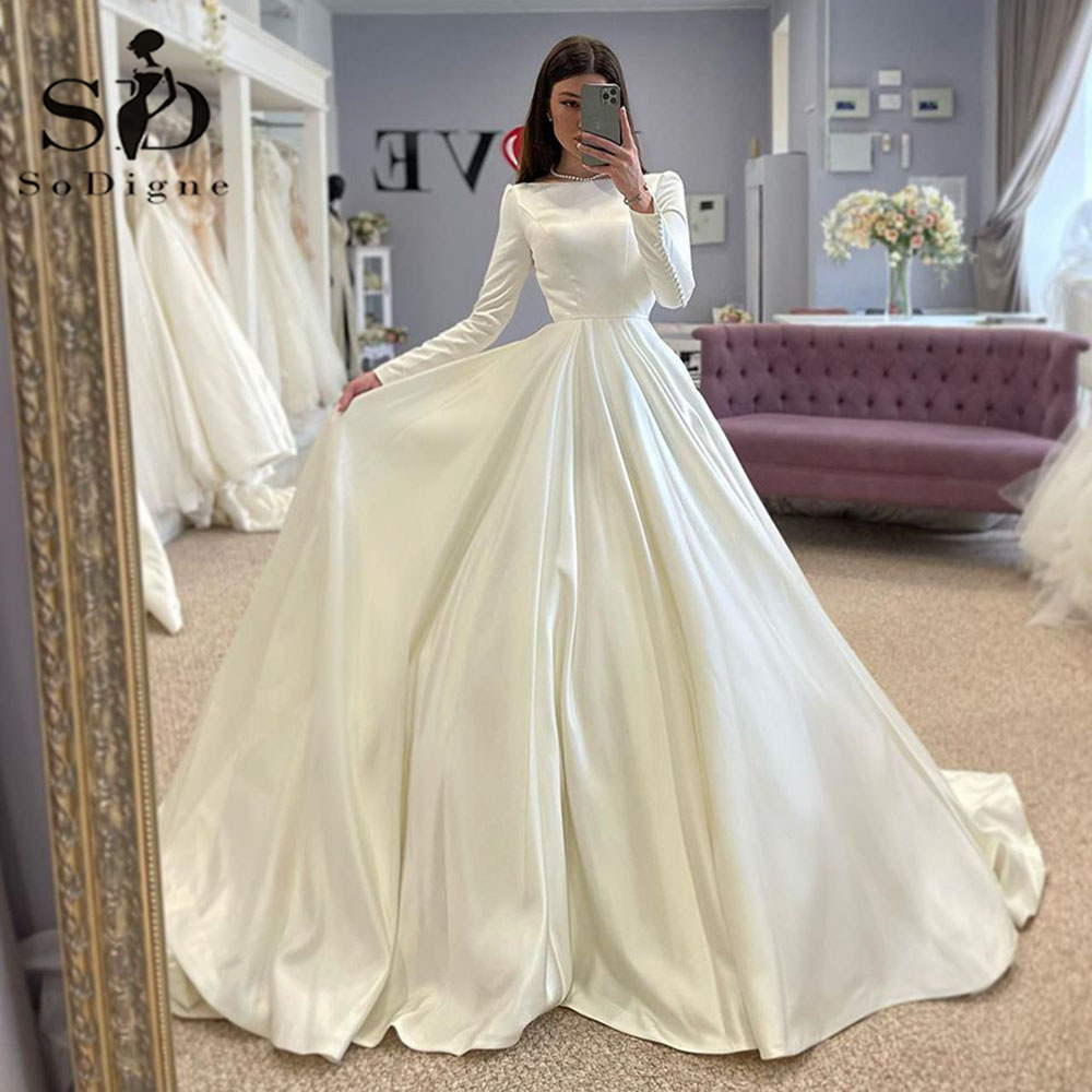 SoDigne-vestido de novia conservador, vestidos de novia de satén, vestido de novia musulmán de manga larga, vestido de novia largo modesto personalizado