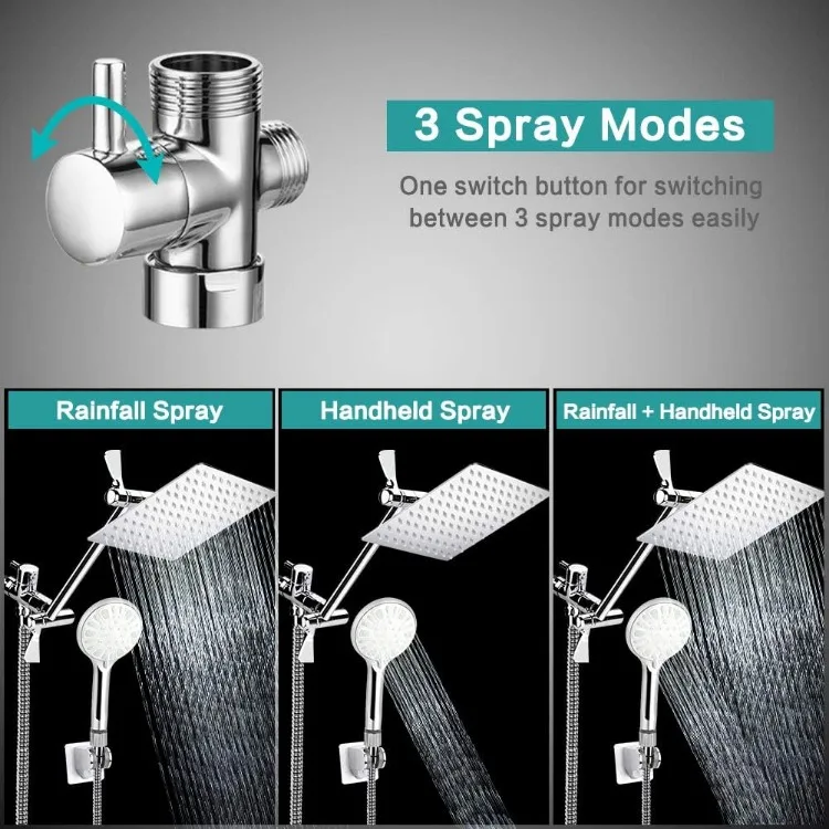 Shower Head, 8 Inch High Pressure Rainfall Shower Head/Handheld Shower Combo with 11 Inch Extension Arm, 9 Settings Adjustable A