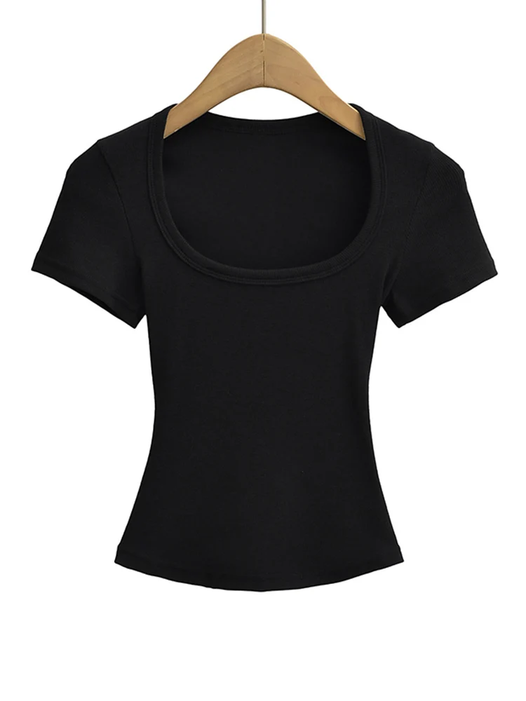 Top corto estivo ad alta elasticità con collo quadrato, camicia base pullover slim fit da donna a maniche corte