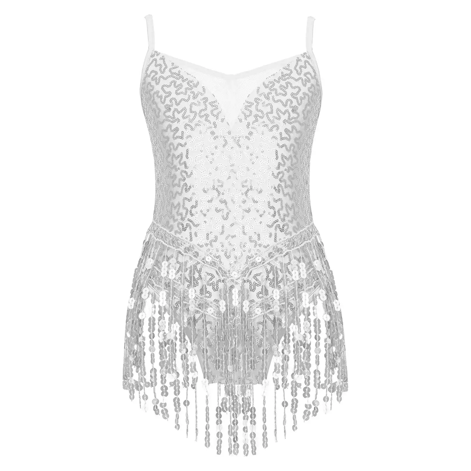 ชุดเต้นรําละตินแจ๊สยิมเด็กผู้หญิง SHINY Sequins พู่ Fringe ตาข่ายห้องบอลรูม Samba Tango Cha Cha เต้นรํา Leotards RAVE เครื่องแต่งกาย
