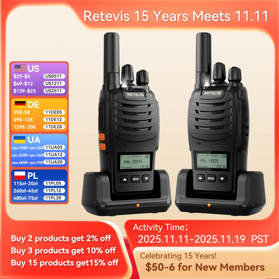 Retevis H777D (H777 Upgraded）Walkie Talkie Portable License Free LCD Display Radio Long Range Type-C Walkie-Talkies for Camping