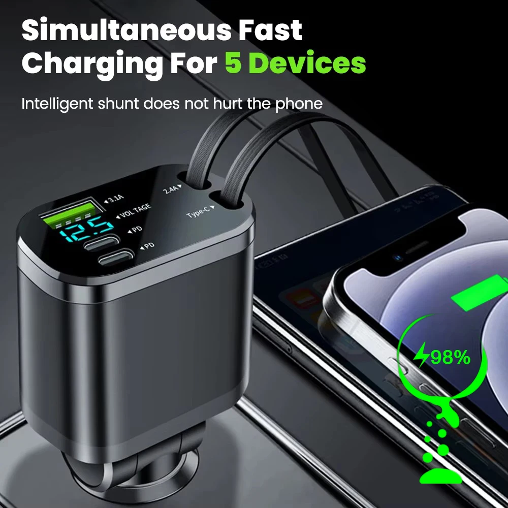 Ładowarka samochodowa 150W Adapter 5 w 1 Szybkie ładowanie USB Typ C Ładowarka samochodowa z wysuwanymi kablami Typ C do iPhone Huawei Samsung