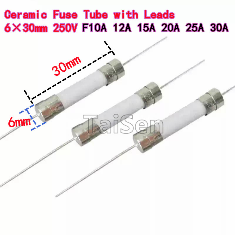 10 Stück Keramik-Sicherungsrohr mit Leitungen, 6 x 30 mm, schnell wirkende F8A, 10 A, 12 A, 15 A, 20 A, 25 A, 30AL, 250 V, flink