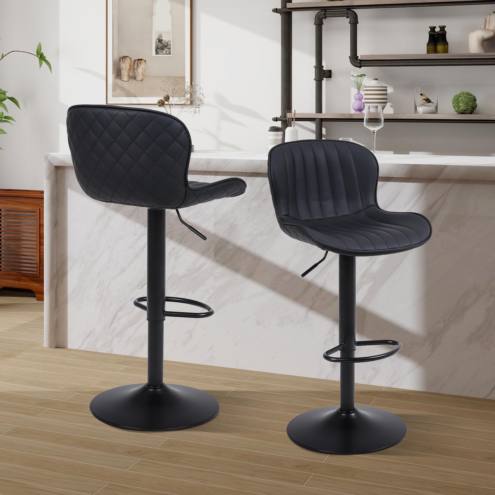 Ralex-Stuhl, Küchenhocker, 3er-Set, höhenverstellbare Barhocker mit Rückenlehne und Fußstütze, hohe Hocker für die Küche, schwarz
