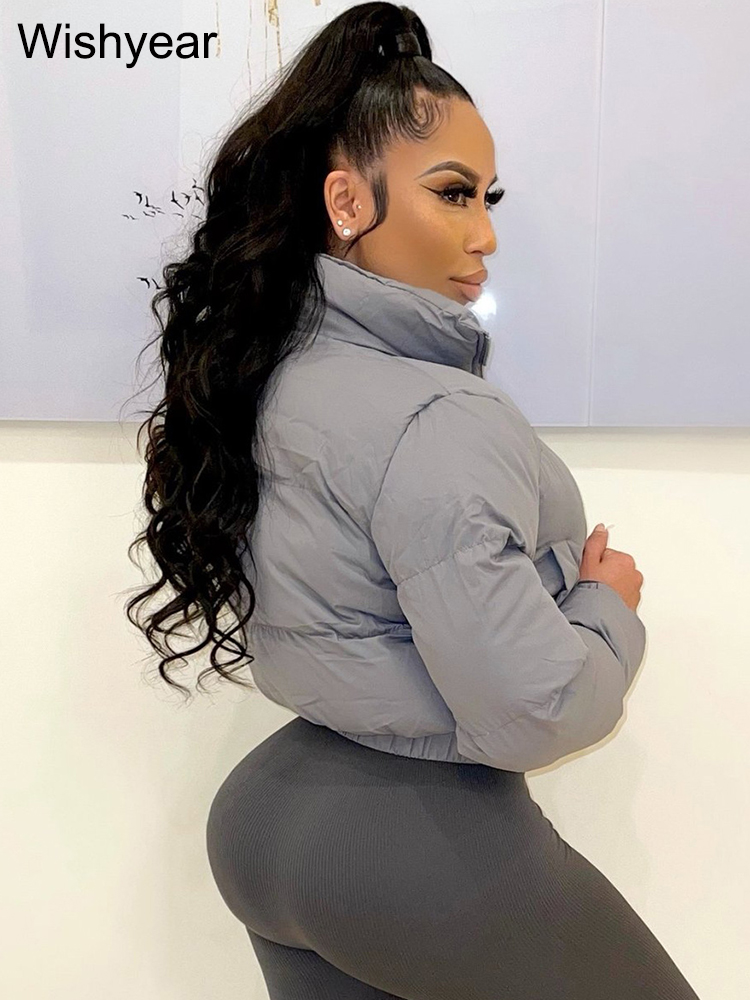 ฤดูหนาวผ้าฝ้ายหนาหนาลงเสื้อแจ็คเก็ตเสื้อผ้าผู้หญิงสีเทาซิปสั้นปักเป้า Parkas Coats Outwear หญิง Crop Tops Streetwear