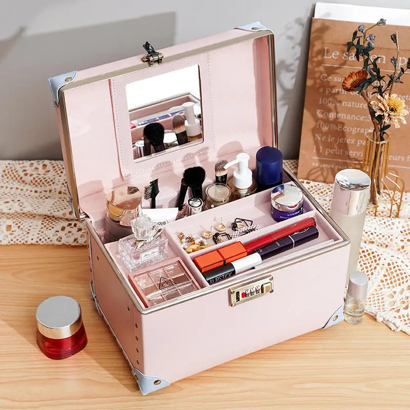 Tragbare Retro-Passwort-Make-up-Box-Aufbewahrung, große Kapazität, doppelter Lederkoffer, niedliche koreanische Version, Kosmetik-Gepäcktasche