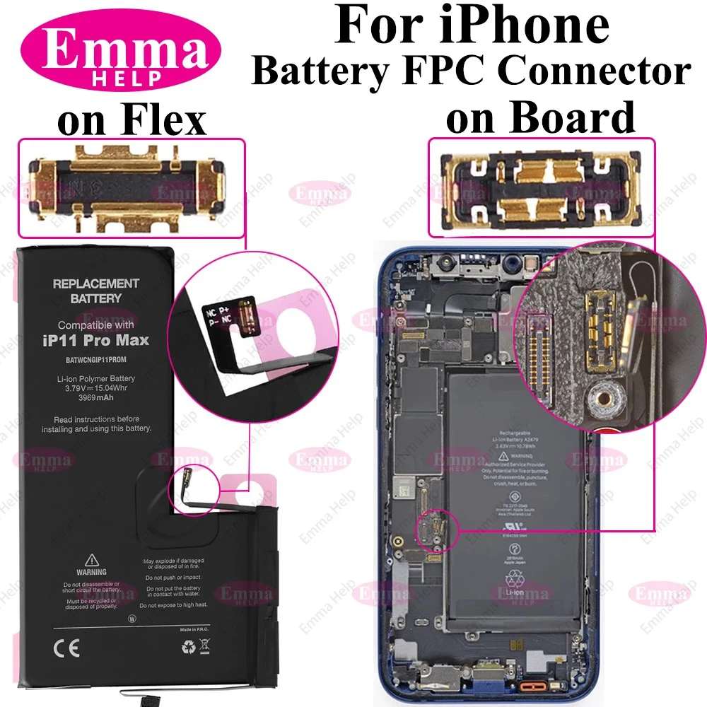 EmmaHelp 10 Uds FPC en Cable flexible de batería para iPhone 15 14 12 13 11 Pro Max 6 6S 7 8 Plus X XS XR conector Clip enchufe