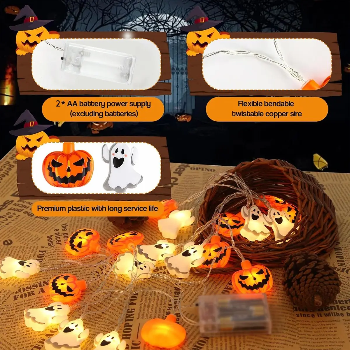 1 PC 10/20 LED ฮาโลวีน SINGLE Layer ฟักทอง & Ghost String Light แบตเตอรี่ขับเคลื่อนสําหรับ Home Garden Holiday ตกแต่งปาร์ตี้ฮาโลวีน