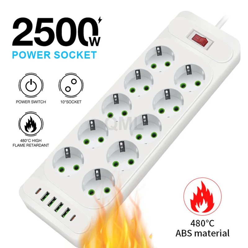 Tira de alimentación con enchufe de CA UE de 2500W, interruptor de seguridad, cable de extensión de 2m, enchufe estándar europeo, filtro de red con carga USB C