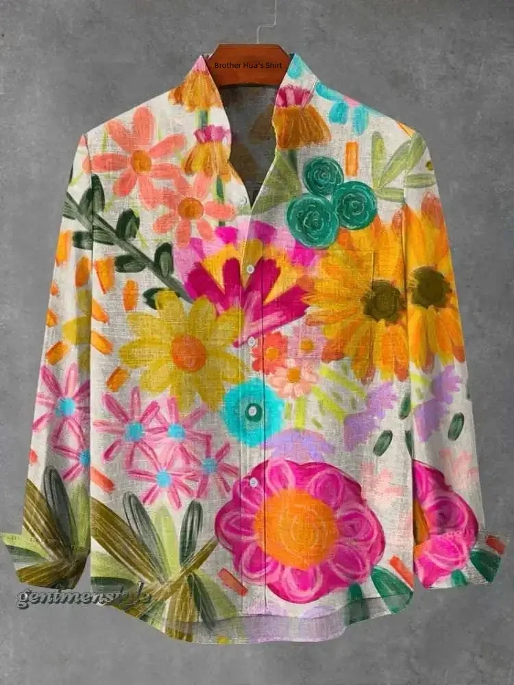 New spring, summer and autumn men's stand-up collar linen long-sleeved shirt, flowing floral print top, fast delivery from Hawai
