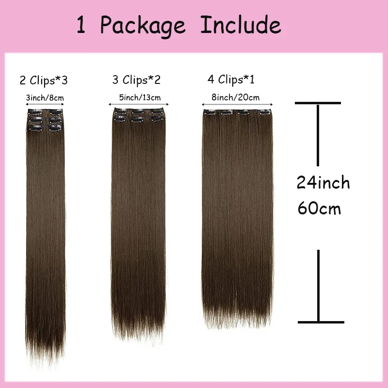 WIGSIN synthétique 6 pièces/ensemble Extension de cheveux longue droite à clipser Extension Invisible sans couture postiche noir brun pour les femmes