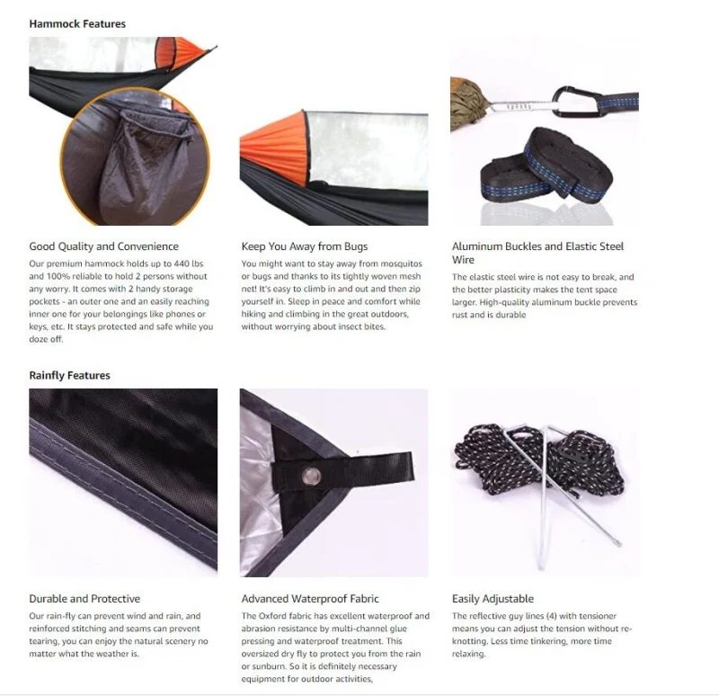 Hamaca para acampar con mosquitera y lona para moscas de lluvia, silla hamaca, columpio para exteriores para mochilero, supervivencia, viajes