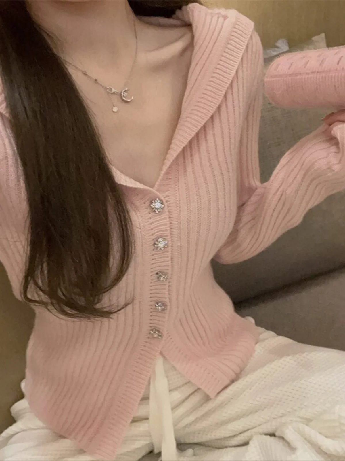 Plus Size Pink V-Neck Knitted Open Cardigan Women's Spring Autumn Korean Sle Gentle Slim Fit Top Sweater Outerwear Design Col...
