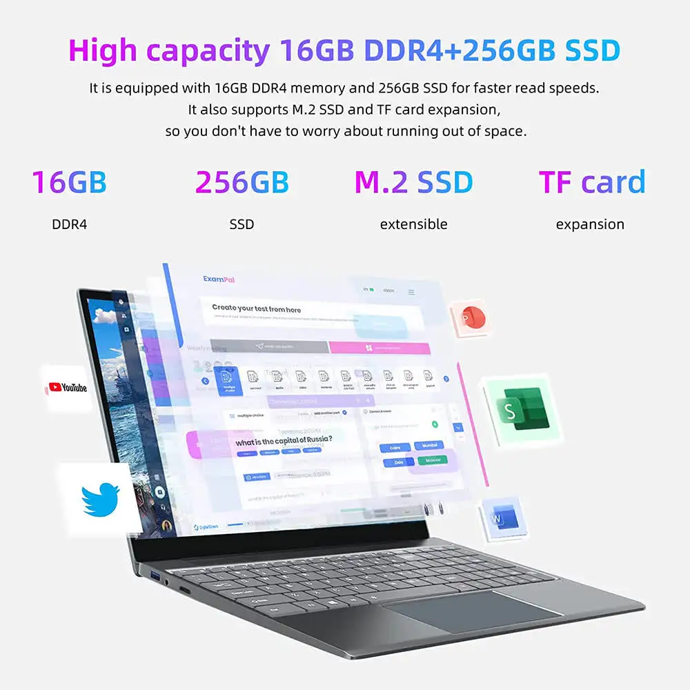 14 Inch Laptop 2K Display Intel N5105 Windows 11 16GB RAM 1TB SSD Ultra-Thin Lightweight Portable Computer for Student Office