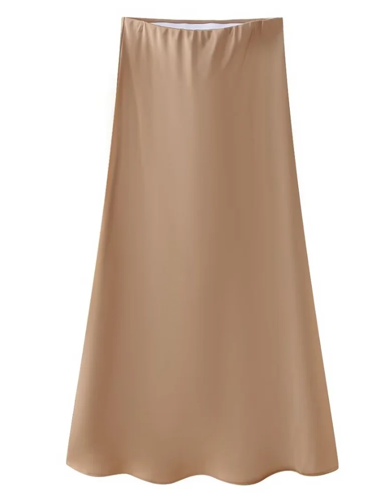 ZEVITY 2024 Donne di Modo di Colore Solido Morbido Raso Midi Gonna A Vita Alta Femminile Vintage Casual Sottile Una Linea Gonne Mujer QUN6227