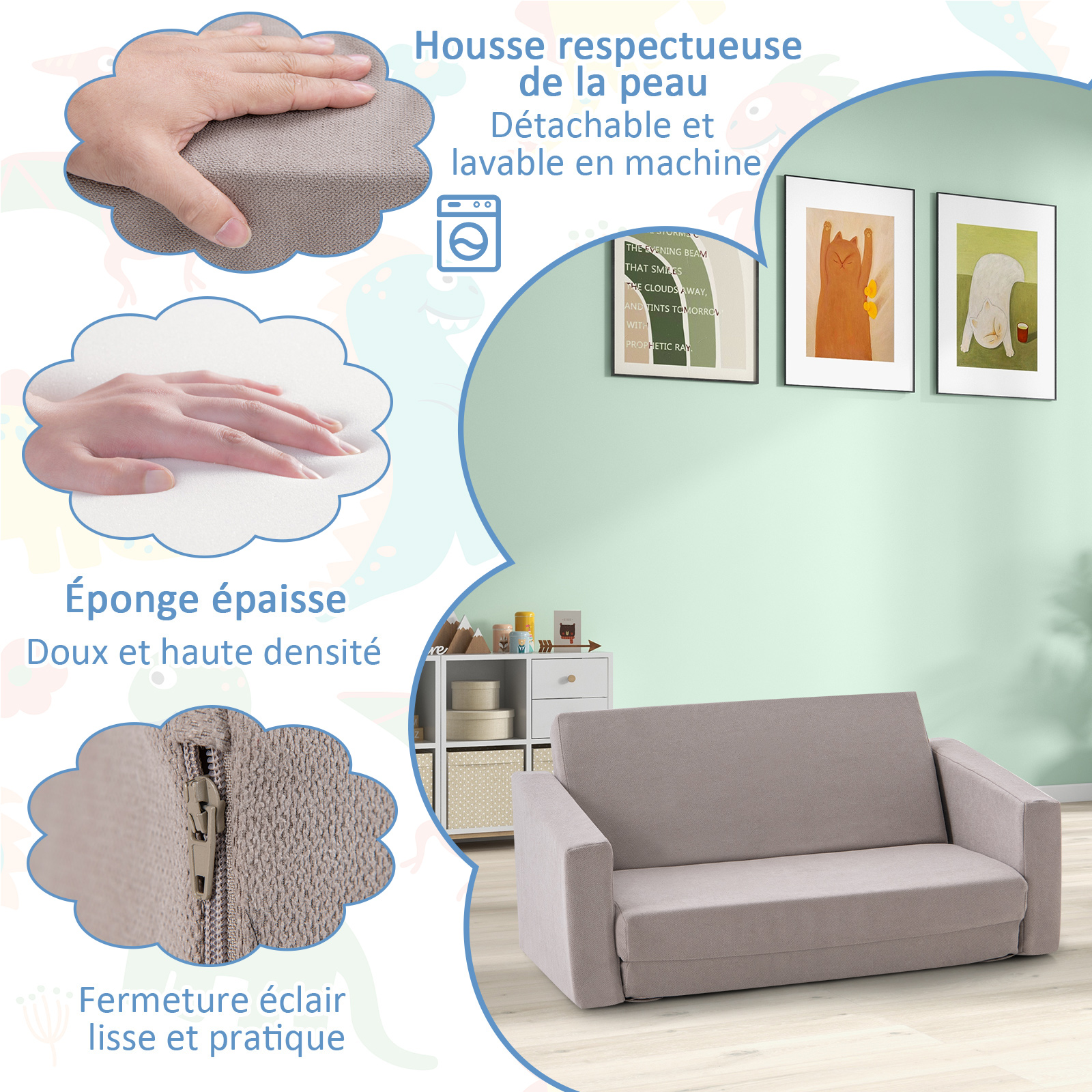 2 en 1 Canapé-lit Enfant en Flanelle Textile avec Conception Ergonomique & Dossier Large, Fauteuil Enfants Convertible avec Housse Amovible & Lavable, Charge 50kg pour 18-36 Mois