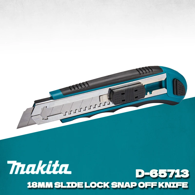 MAKITA MAKITA ‎ D-65713 Nóż z blokadą suwakową 18 mm, łącznie 8 ostrzy, wysuwane dodatkowe ostrza, wygodny gumowy uchwyt