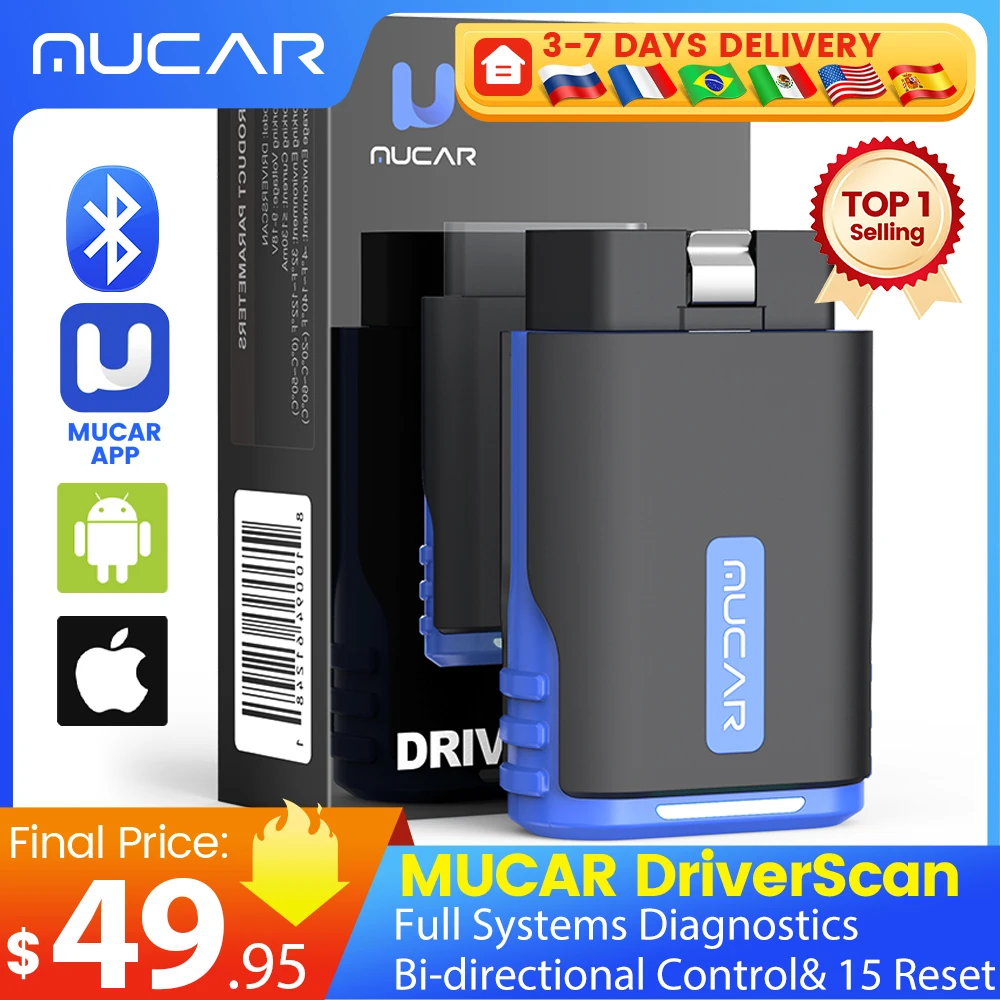 MUCAR DriverScan OBD2 Escáner Bluetooth, herramienta de escaneo bidireccional para todos los sistemas Diagnóstico de nivel OE Prueba/actuación activa con más de 15 funciones de servicio Todo el software 1 año gratis pa