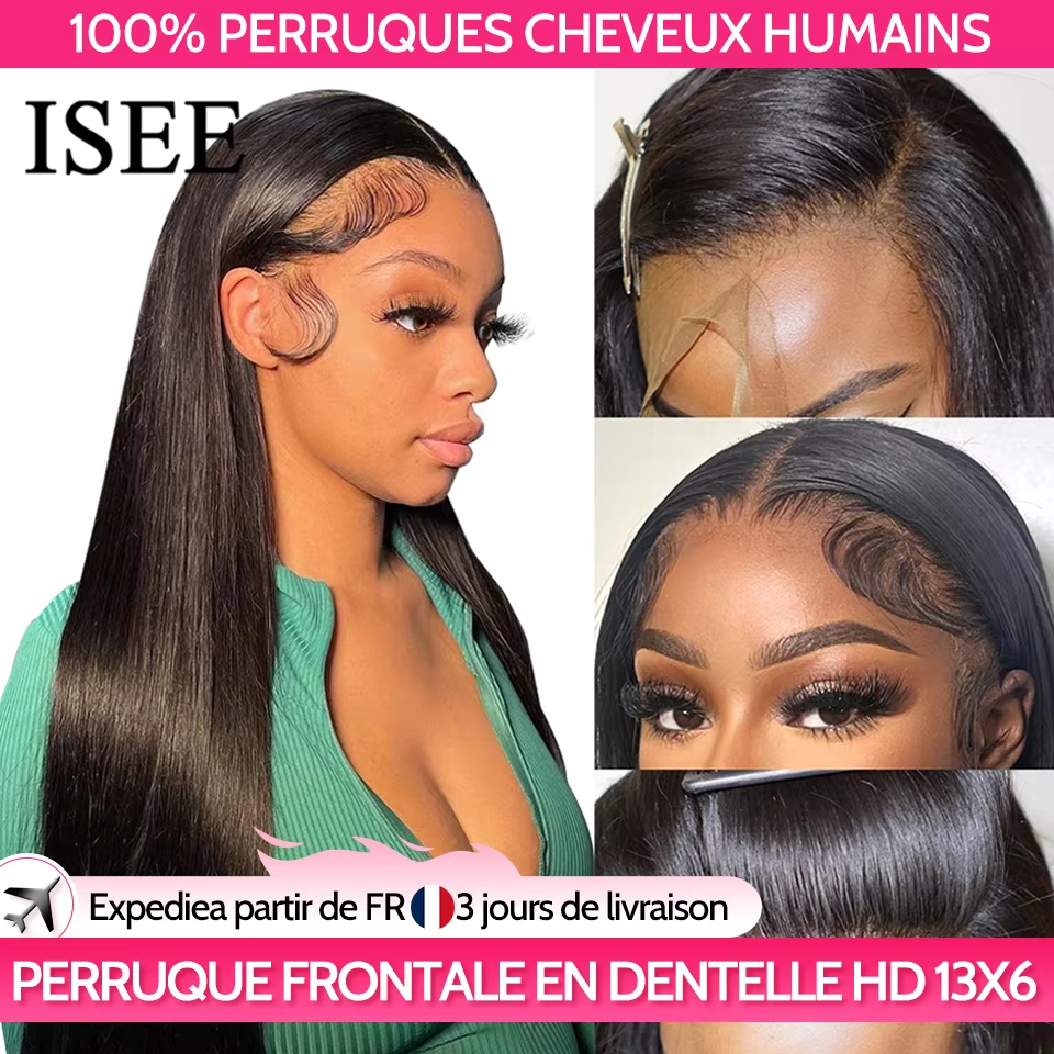 ISEE-Perruque Full Lace Front Wig naturelle lisse, cheveux humains, 13x6, pre-plucked, transparente, HD, en solde, pour femmes