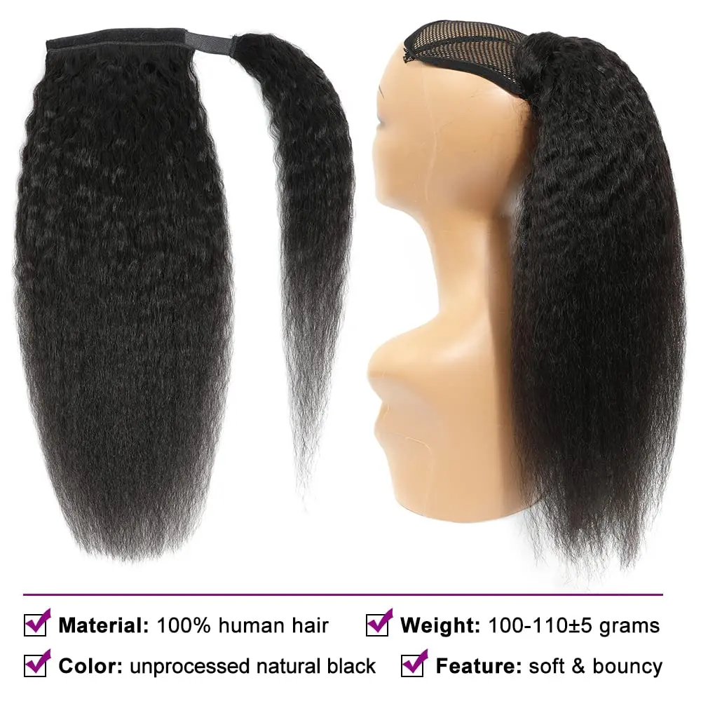 Extension de cheveux humains queue de cheval droite crépue 100g enrouler autour du clip en queue de cheval noir naturel # 1B Remy indien 10-26 pouces pour femmes