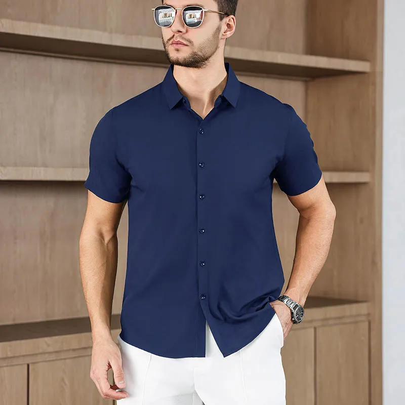 New Men's Business Casual Solid Color Short Sleeved Shirt for Summer Fashion No Ironing Comfortable and Versatile Top