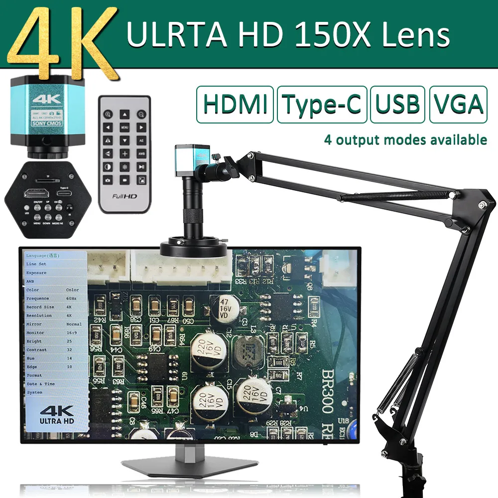 4K Kính Hiển Vi 48MP Kính Hiển Vi Kỹ Thuật Số Điện Tử Dành Cho USB Công Nghiệp Máy Ảnh HDMI 1-150X Zoom C-Gắn Ống Kính Điện Thoại Pcb mỏ Hàn