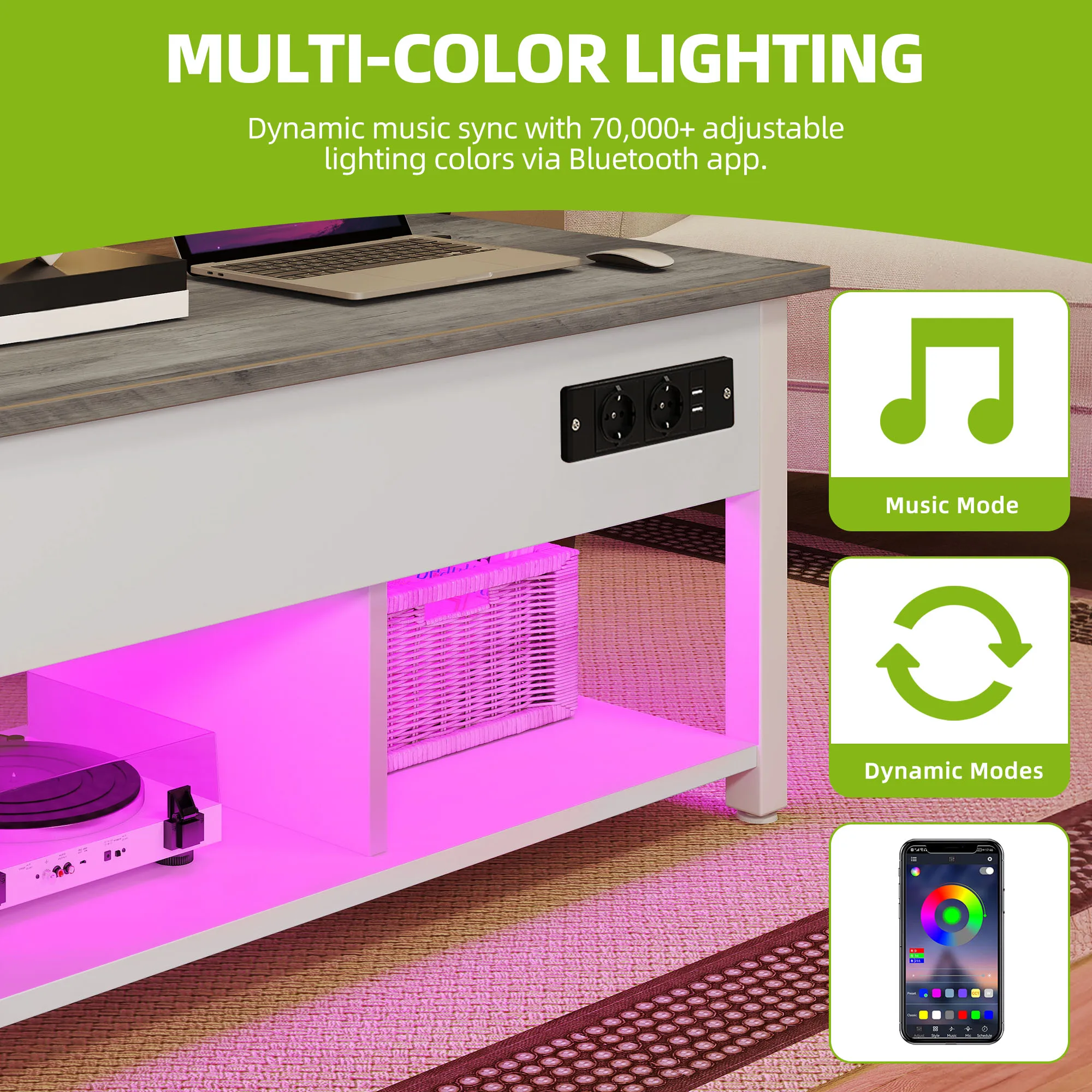 Mesa elevatória branca/cinza YITAHOME – altura ajustável com 2 níveis de armazenamento e compartimento LED oculto